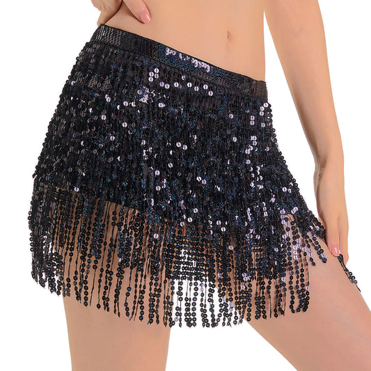 Sequin Fringe Mini Skirt Sparkly Belly Dance Hip Scarf 7 Colors