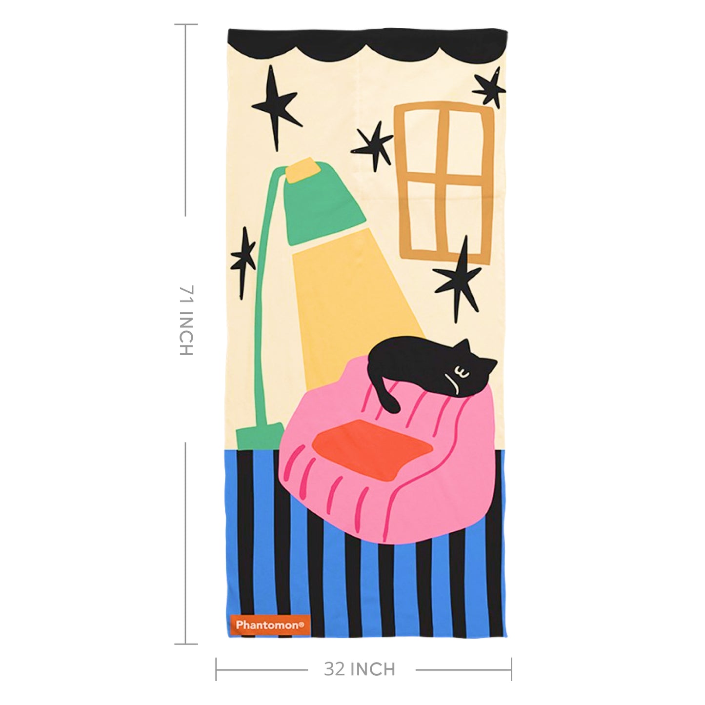 Phantomon Extra-Long Microfiber Beach Towel 32" x 71" Towel-to-Bag 2 in 1 Black Cat Original Design