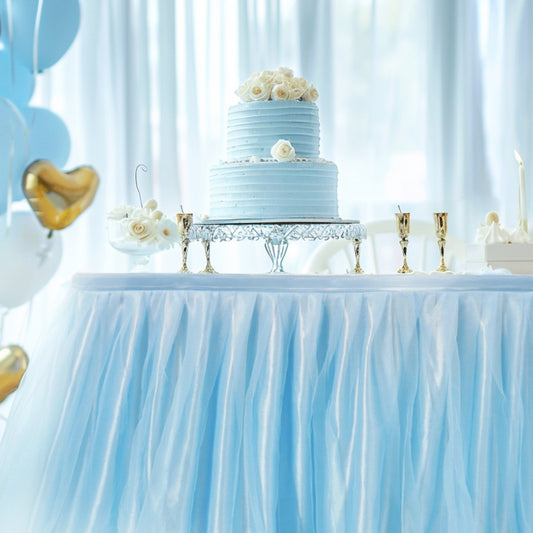 6ft Tulle Table Skirt with Bow Banner – Baby Blue Ruffle Tulle Tablecloth