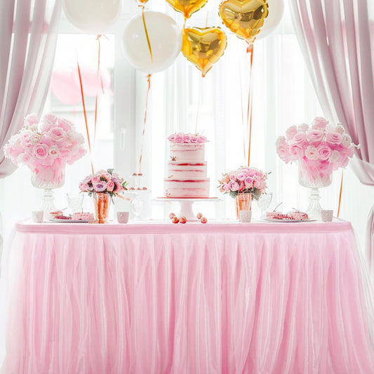 6ft Tulle Table Skirt with Bow Banner – Pink Ruffle Tulle Tablecloth