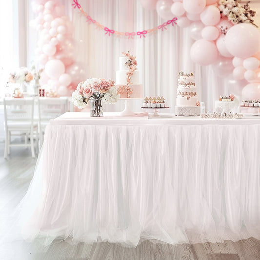 6ft Tulle Table Skirt with Bow Banner – White Ruffle Tulle Tablecloth