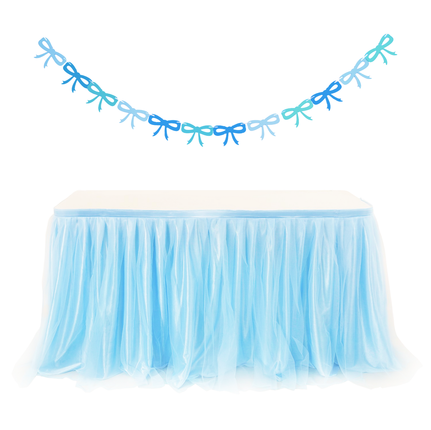 6ft Tulle Table Skirt with Bow Banner – Baby Blue Ruffle Tulle Tablecloth
