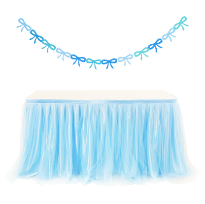 6ft Tulle Table Skirt with Bow Banner – Baby Blue Ruffle Tulle Tablecloth