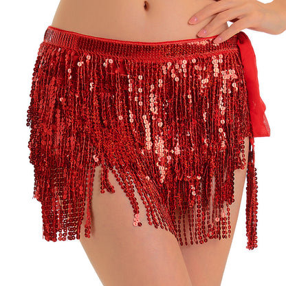 Sequin Fringe Mini Skirt Sparkly Belly Dance Hip Scarf 7 Colors