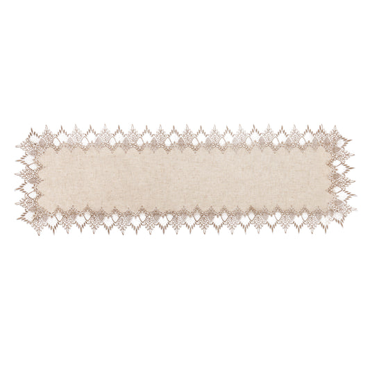 16x51 inch Beige lace table runner on a white background
