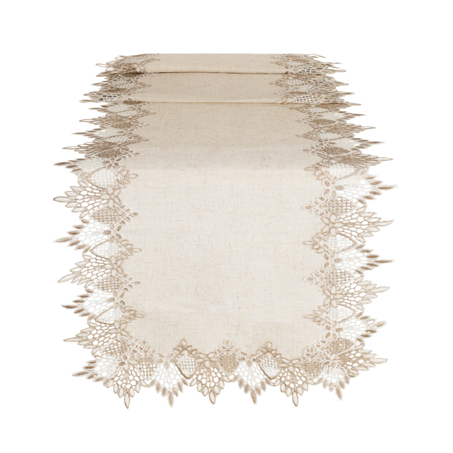 Beige lace table runner on a white background