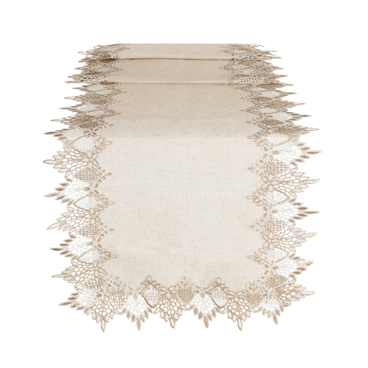 Beige lace table runner on a white background