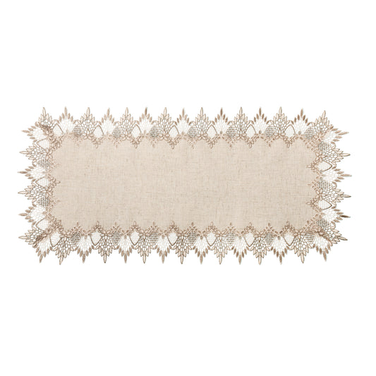16x36 inch Beige lace table runner with intricate patterns on a white background