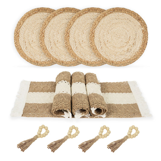 Boho Placemats Set with Wooden Bead Napkin Rings