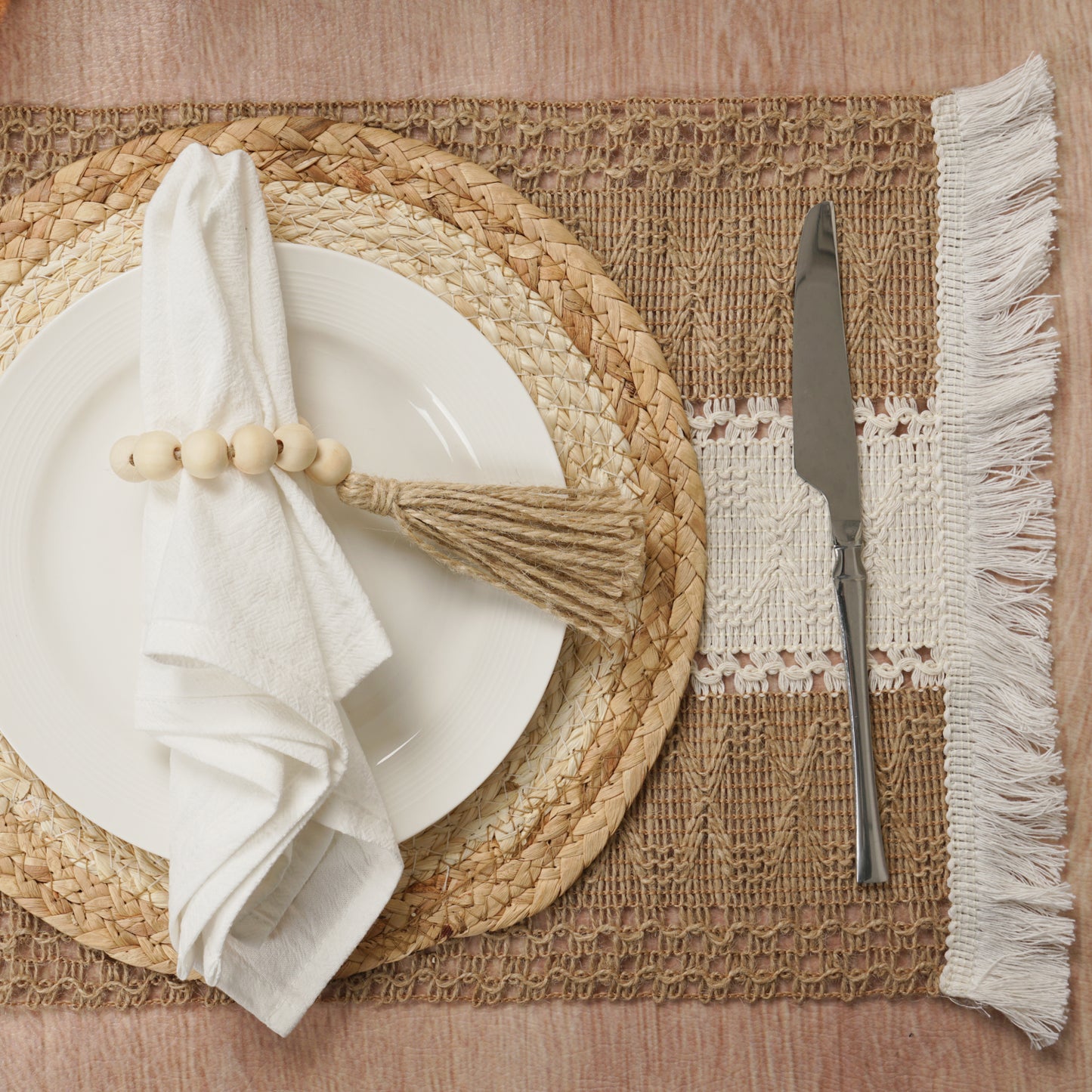 Boho Placemats Set with Wooden Bead Napkin Rings
