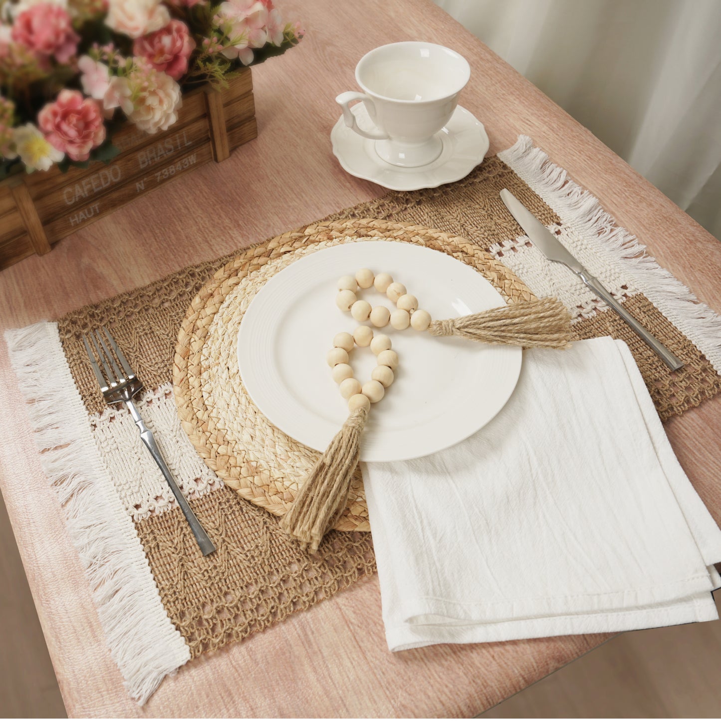Boho Placemats Set with Wooden Bead Napkin Rings