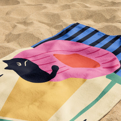 Phantomon Extra-Long Microfiber Beach Towel 32" x 71" Towel-to-Bag 2 in 1 Black Cat Original Design