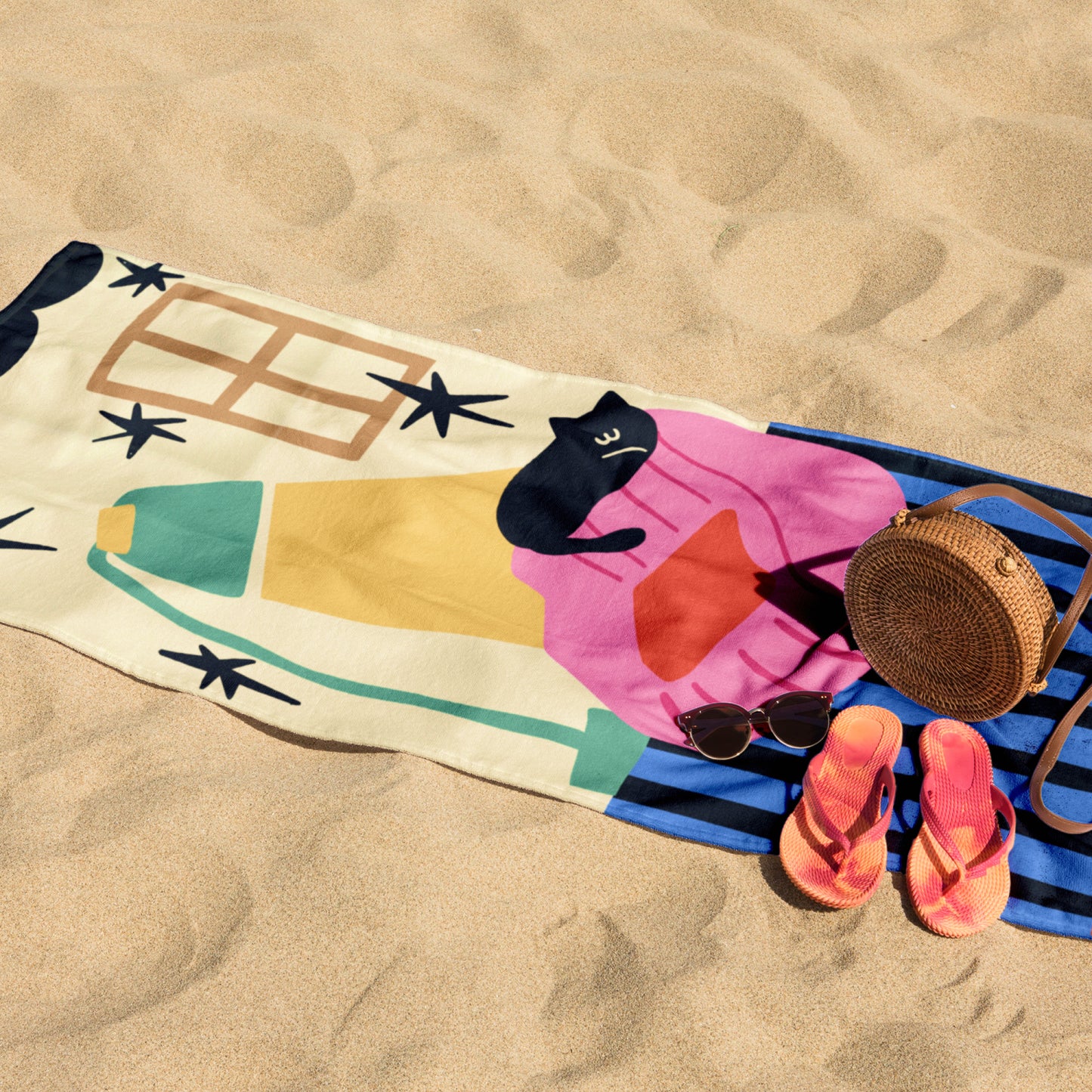 Phantomon Extra-Long Microfiber Beach Towel 32" x 71" Towel-to-Bag 2 in 1 Black Cat Original Design