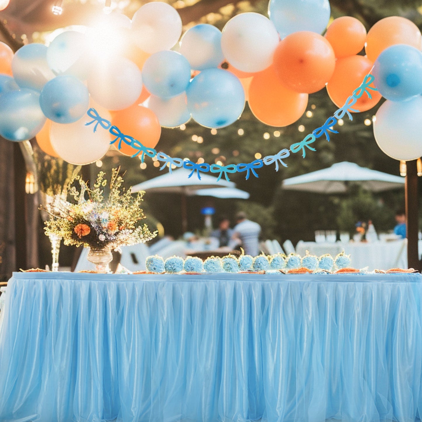6ft Tulle Table Skirt with Bow Banner – Baby Blue Ruffle Tulle Tablecloth