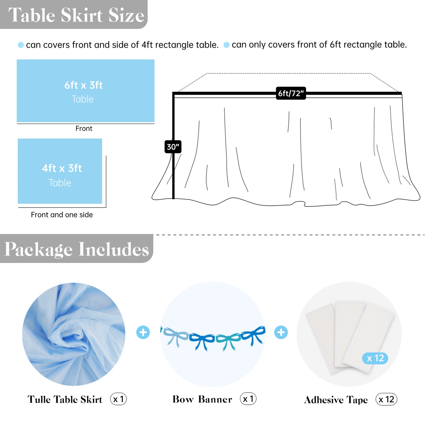 6ft Tulle Table Skirt with Bow Banner – Baby Blue Ruffle Tulle Tablecloth