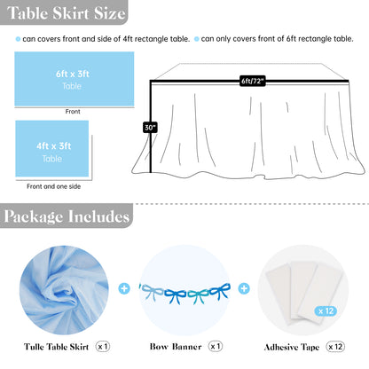 6ft Tulle Table Skirt with Bow Banner – Baby Blue Ruffle Tulle Tablecloth