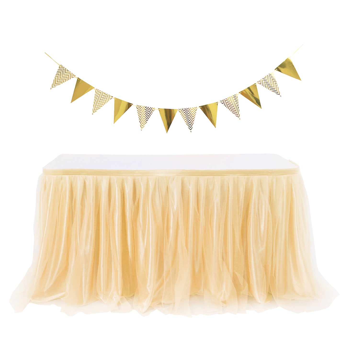6ft Tulle Table Skirt with Triangle Banner – Gold Ruffle Tulle Tablecloth