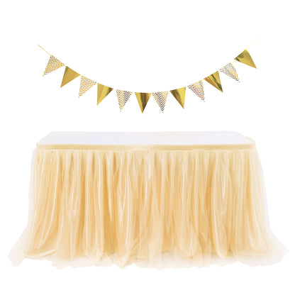 6ft Tulle Table Skirt with Triangle Banner – Gold Ruffle Tulle Tablecloth