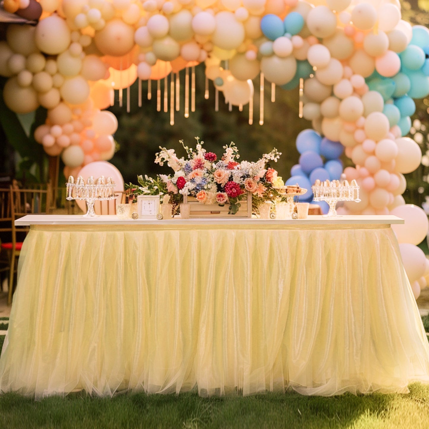 6ft Tulle Table Skirt with Triangle Banner – Gold Ruffle Tulle Tablecloth