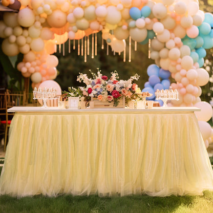 6ft Tulle Table Skirt with Triangle Banner – Gold Ruffle Tulle Tablecloth