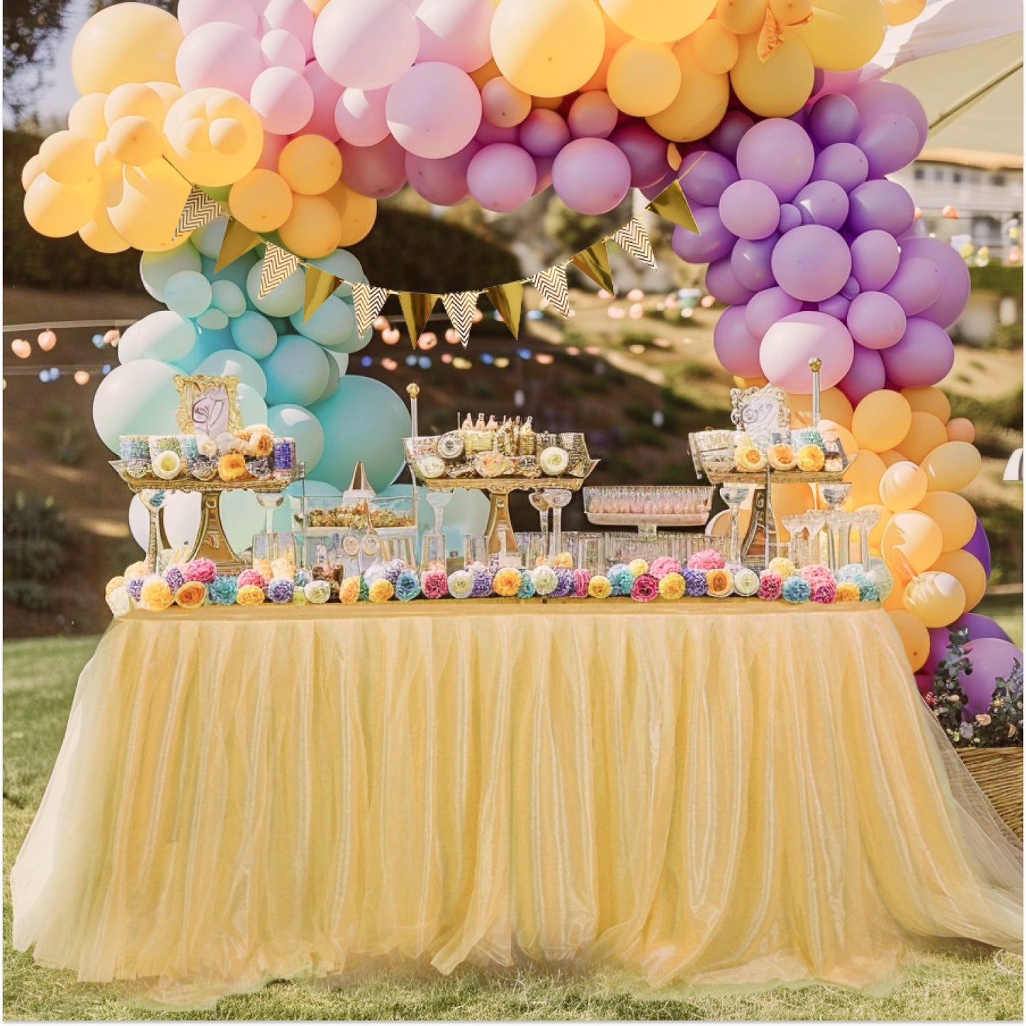 6ft Tulle Table Skirt with Triangle Banner – Gold Ruffle Tulle Tablecloth