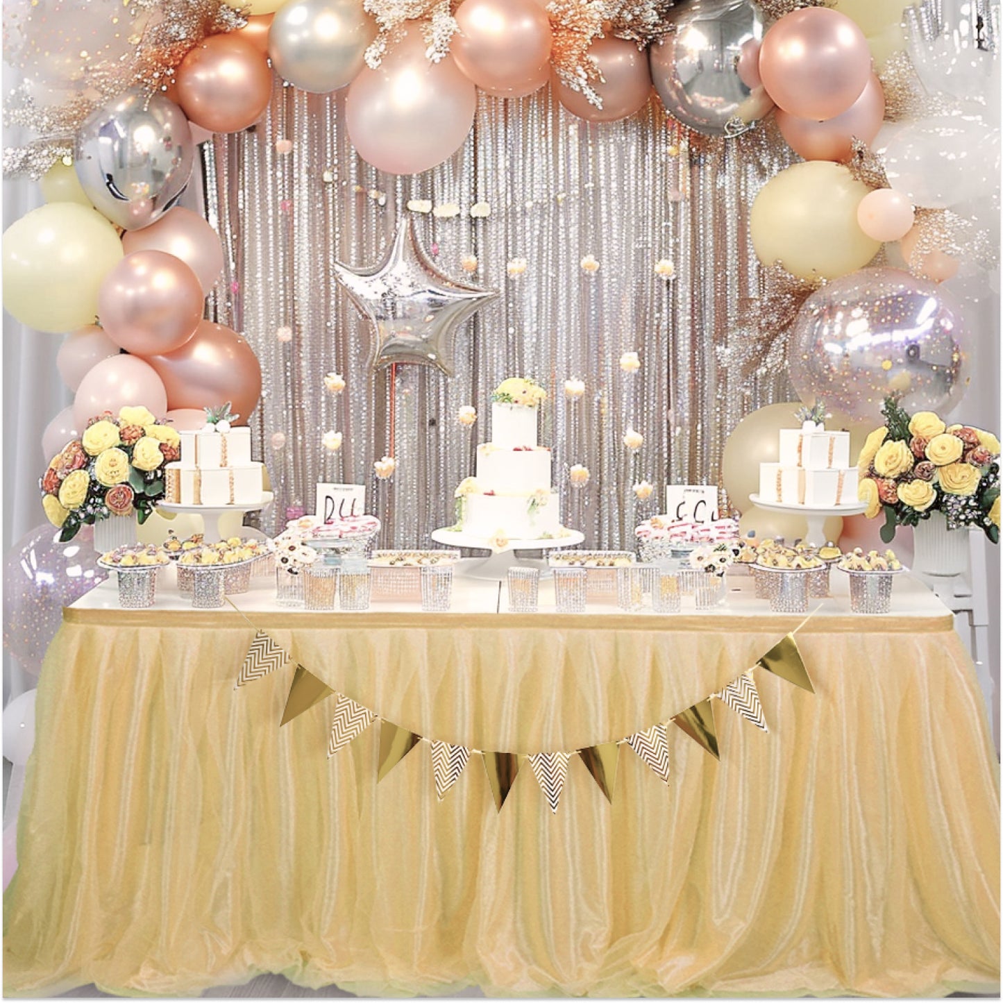 6ft Tulle Table Skirt with Triangle Banner – Gold Ruffle Tulle Tablecloth