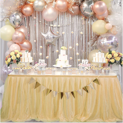 6ft Tulle Table Skirt with Triangle Banner – Gold Ruffle Tulle Tablecloth