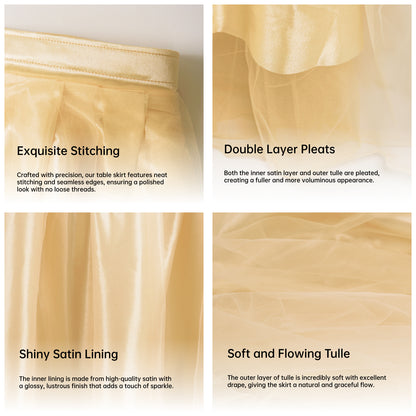 6ft Tulle Table Skirt with Triangle Banner – Gold Ruffle Tulle Tablecloth