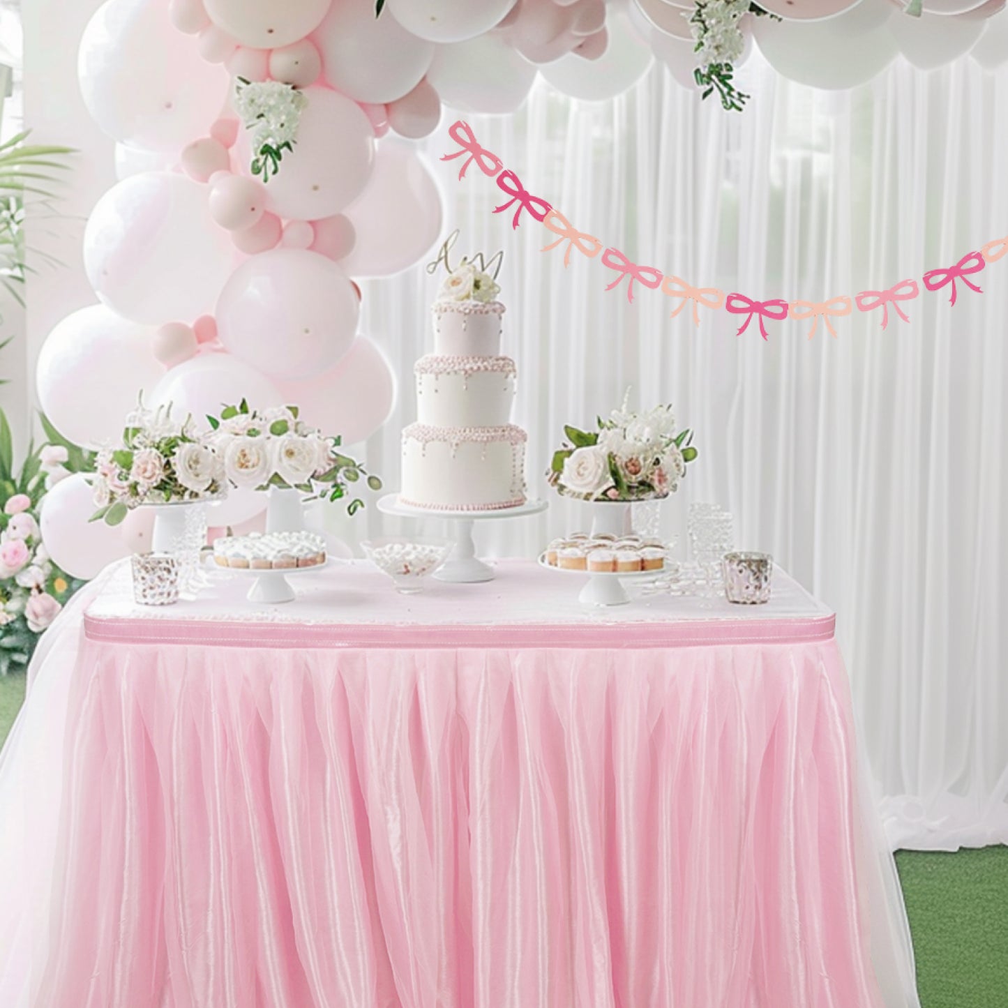 6ft Tulle Table Skirt with Bow Banner – Pink Ruffle Tulle Tablecloth