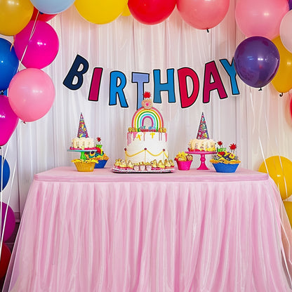 6ft Tulle Table Skirt with Bow Banner – Pink Ruffle Tulle Tablecloth