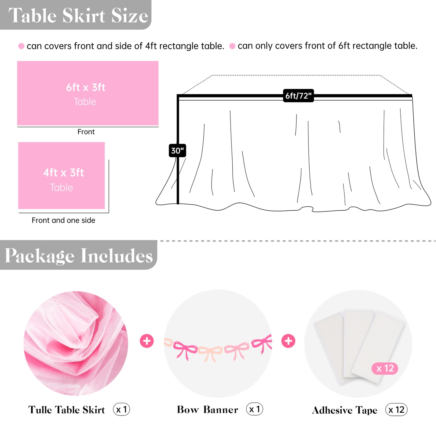 6ft Tulle Table Skirt with Bow Banner – Pink Ruffle Tulle Tablecloth