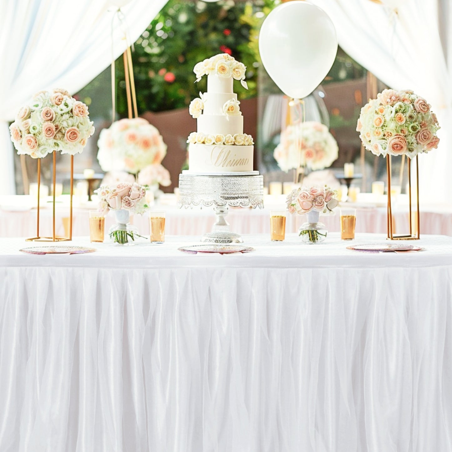 6ft Tulle Table Skirt with Bow Banner – White Ruffle Tulle Tablecloth