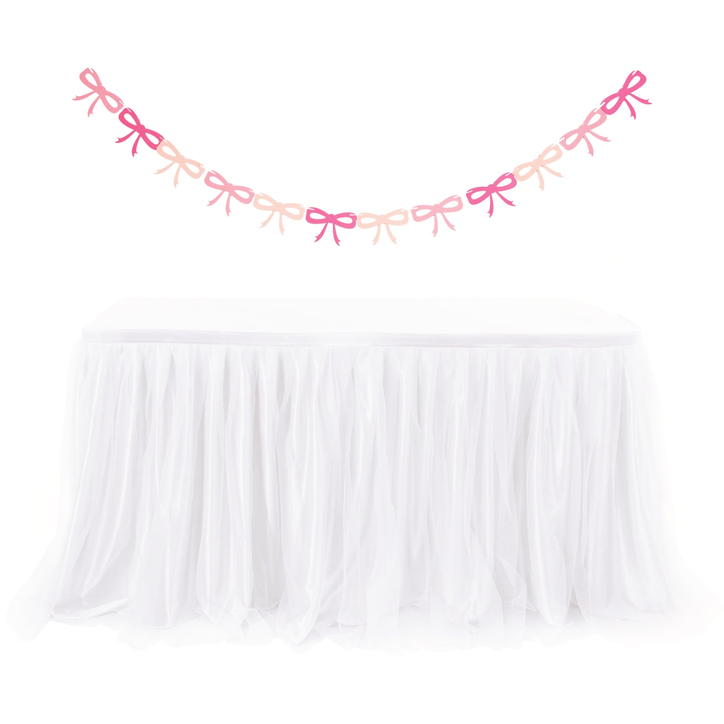 6ft Tulle Table Skirt with Bow Banner – White Ruffle Tulle Tablecloth