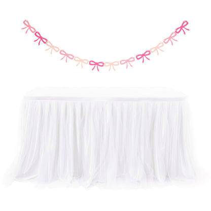 6ft Tulle Table Skirt with Bow Banner – White Ruffle Tulle Tablecloth