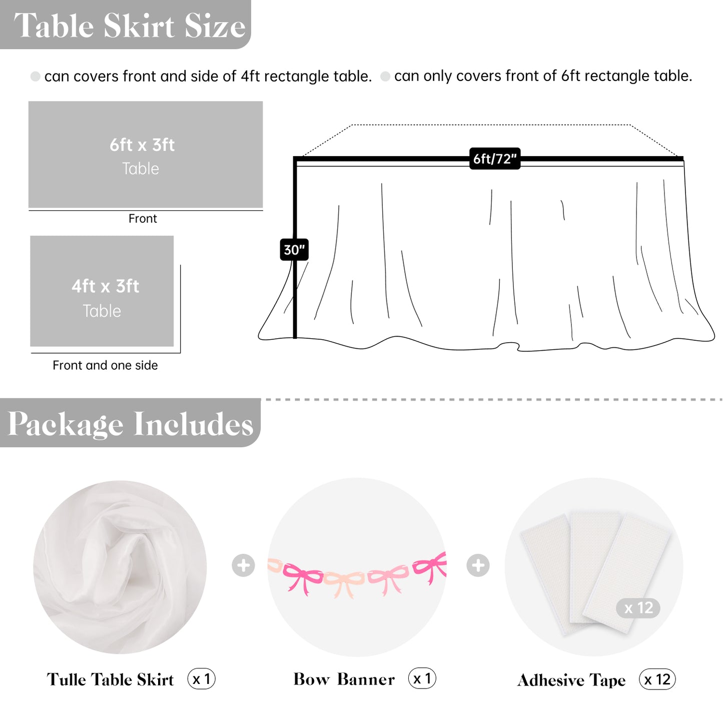 6ft Tulle Table Skirt with Bow Banner – White Ruffle Tulle Tablecloth