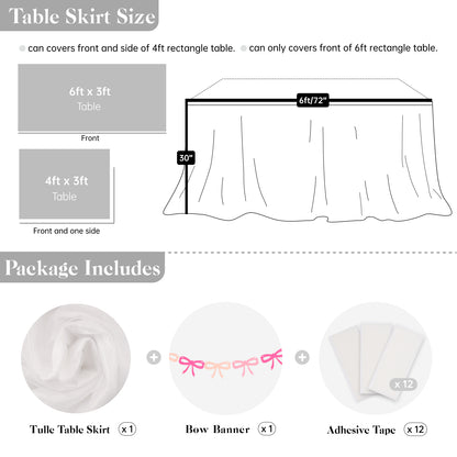 6ft Tulle Table Skirt with Bow Banner – White Ruffle Tulle Tablecloth