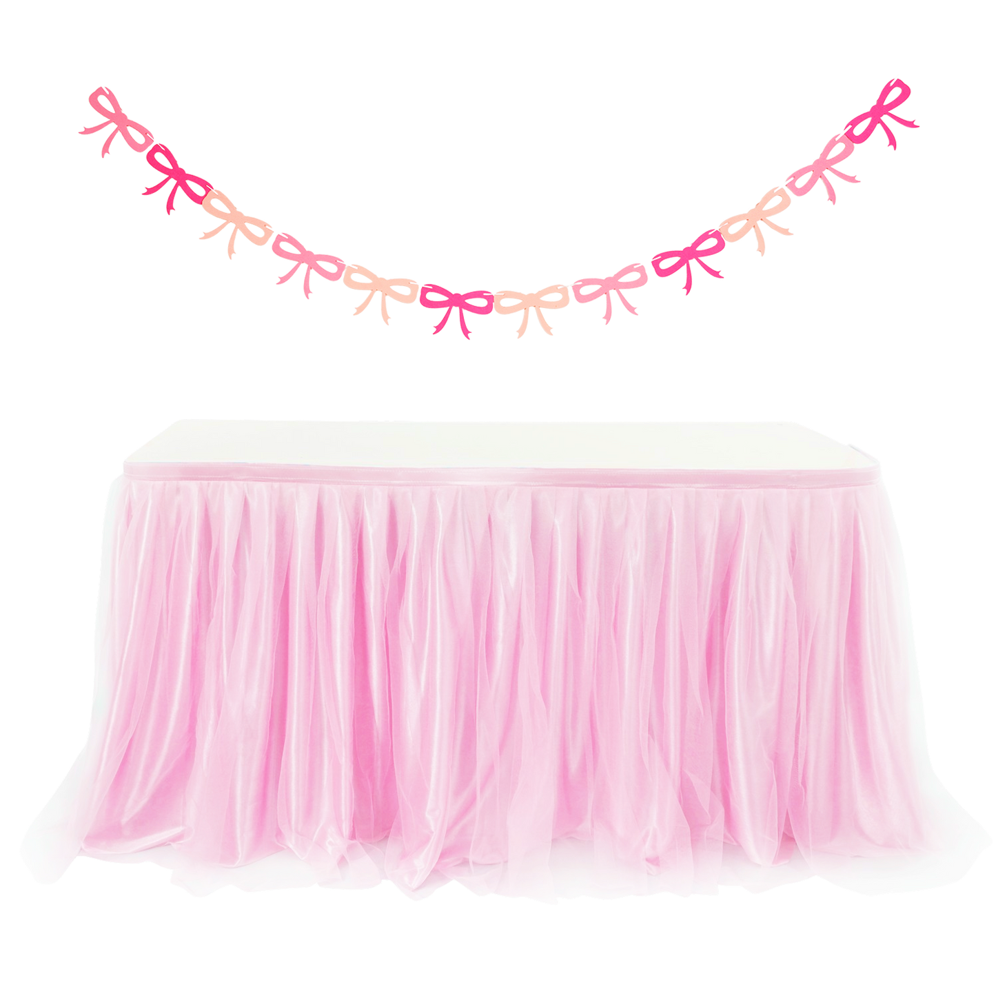 6ft Tulle Table Skirt with Bow Banner – Pink Ruffle Tulle Tablecloth