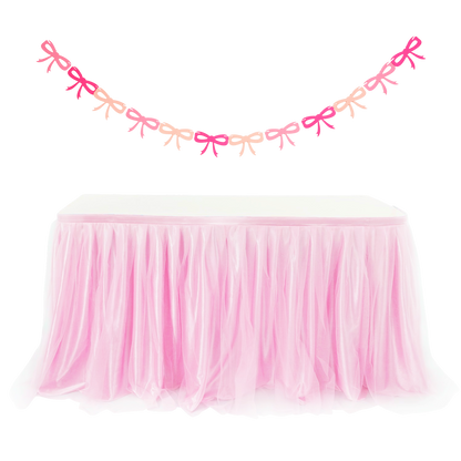 6ft Tulle Table Skirt with Bow Banner – Pink Ruffle Tulle Tablecloth