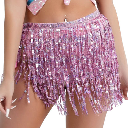 Sequin Fringe Mini Skirt Sparkly Belly Dance Hip Scarf 7 Colors