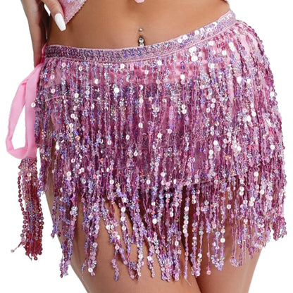 Sequin Fringe Mini Skirt Sparkly Belly Dance Hip Scarf 7 Colors