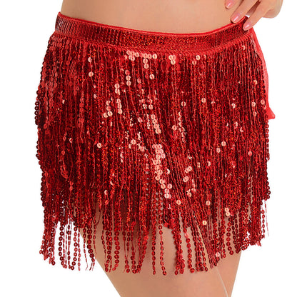 Sequin Fringe Mini Skirt Sparkly Belly Dance Hip Scarf 7 Colors
