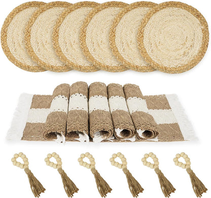 Boho Placemats Set with Wooden Bead Napkin Rings