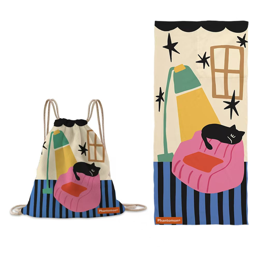 Phantomon Extra-Long Microfiber Beach Towel 32" x 71" Towel-to-Bag 2 in 1 Black Cat Original Design